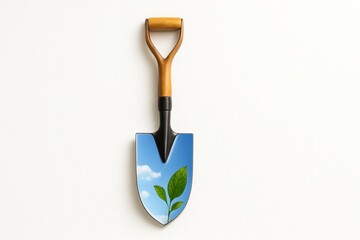 Garden trowel with plant reflection symbolizing growth and nature