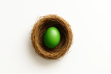 Green egg in bird nest on white background for spring or Easter concept