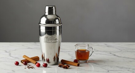 Cocktail Shaker with Cranberries and Cinnamon Sticks on Marble Surface.