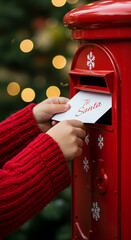 Child's small hand holding a letter addressed to Santa, placed in a festive red mailbox surrounded by holiday decorations and greenery, capturing the spirit of Christmas, children writing a letter