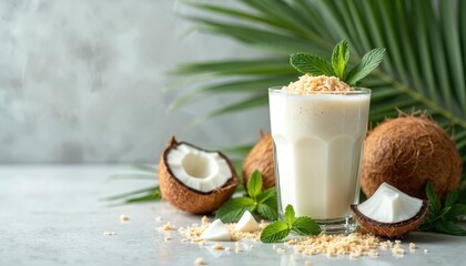 Glass of creamy coconut shake garnished with mint leaves, shredded coconut. Whole, halved coconuts sit nearby on textured surface. Refreshing tropical beverage for summer refreshment or healthy diet.