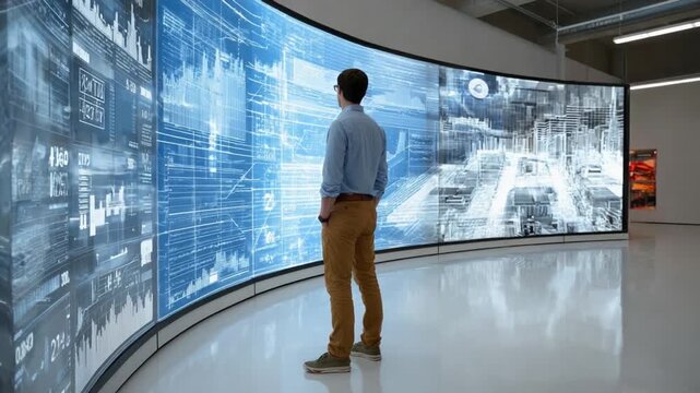 Visionary's Gaze: A person stands before a captivating wall of interconnected screens, immersed in a symphony of data visualization, poised to interpret the complex information.