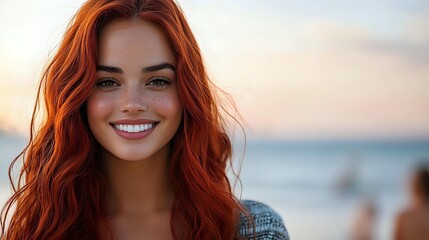 Young woman with long red hair and freckles smiling at sunset by the ocean, radiating warmth and happiness in natural golden light.
