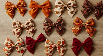 Collection of Autumn Themed Fabric Bows for Crafts and Decorations.