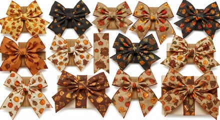 Collection of Autumn Themed Decorative Bows for Crafts and Gifts.