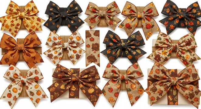 Collection of Autumn Themed Decorative Bows for Crafts and Gifts.