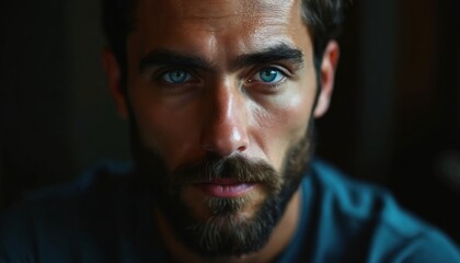 Closeup portrait of man with piercing blue eyes. He poses with serious expression. Male face features beard and dark hair. Ideal for article about handsome man. Thoughtful gaze.