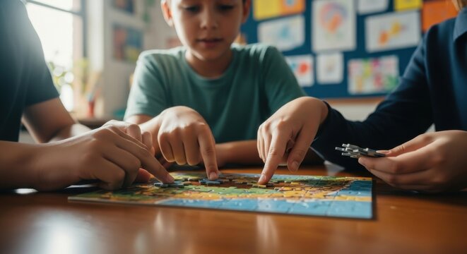 Close-up of Diverse Children's Hands Collaborating to Assemble a Jigsaw Puzzle.