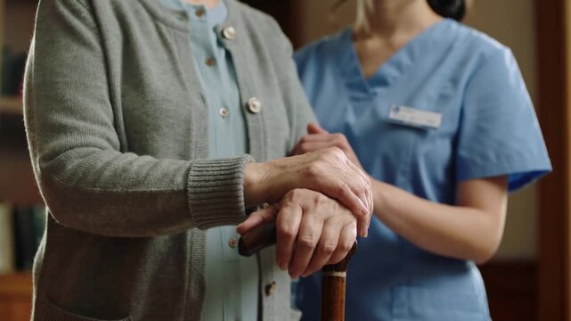 Nurse helping pensioner woman inside retirement home - Care taker and assistance concept - Models by AI generative
