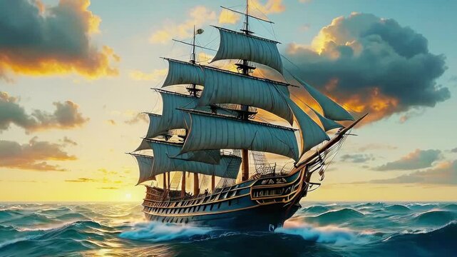 sailboat in sunset rays on the sea, old sailing brigantine