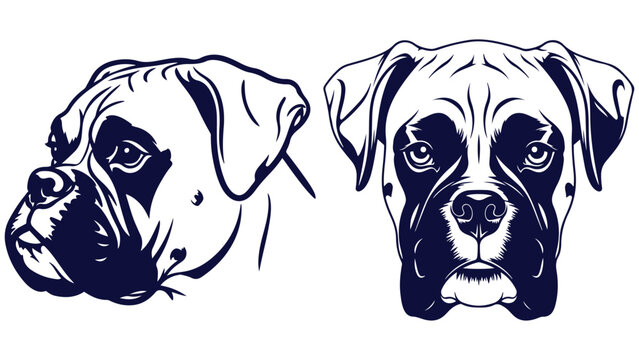 Boxer Front And Side Head Views, Black And White Outline Dog Portrait Vector For Sports Dog Posters And Kennel Labels