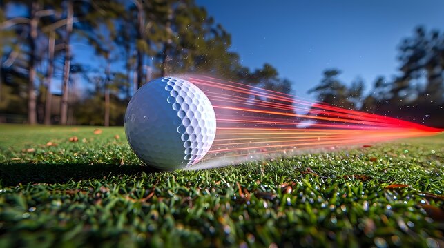 Golf ball with motion blur and red light trail effect on green grass course during sunset, dynamic sports photography capturing speed and movement on putting green.