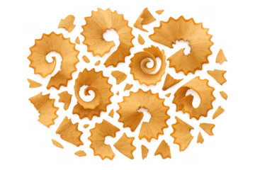 Pencil shavings forming spiral patterns and abstract shapes, sharpener waste, drawing, art supplies, creativity on transparent background