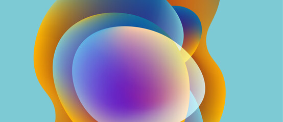 Abstract colorful shapes overlap, creating fluid gradients. Blue, purple, orange hues dominate light background. Modern design.