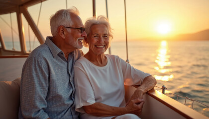 Happy senior couple sits on boat deck at sunset. Elderly man, woman smile, enjoy romantic sea cruise. Old people relax on luxury yacht, watch golden ocean. Share love, travel, enjoy retired life,