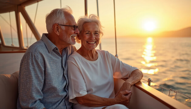 Happy senior couple sits on boat deck at sunset. Elderly man, woman smile, enjoy romantic sea cruise. Old people relax on luxury yacht, watch golden ocean. Share love, travel, enjoy retired life, - Powered by Adobe