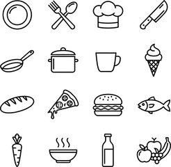 A collection of black and white line art icons depicting various food items, cooking utensils, and kitchenware.