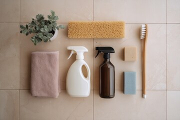 A flat lay arrangement of household cleaning supplies including towels, brushes, bottles, and sponges placed neatly on a pale beige tiled surface
