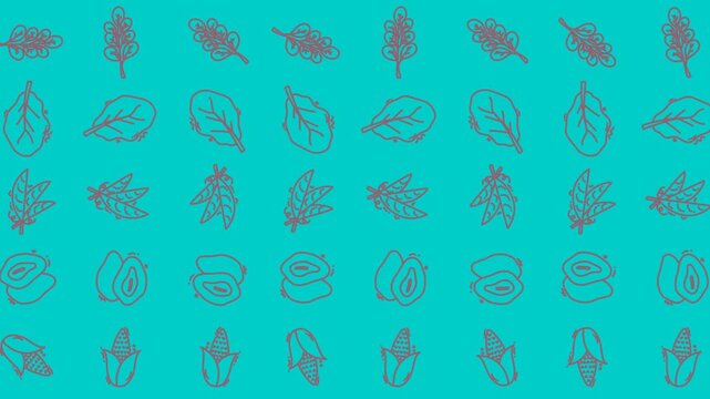 Seamless line art pattern featuring diverse outlines of various healthy leafy vegetable elements and botanical forms, creating a fresh and natural background texture