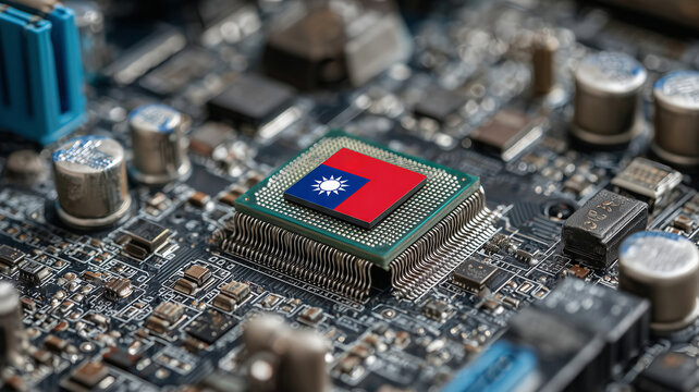 Flag of Taiwan displayed on a microprocessor in a modern circuit board setup
