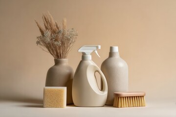 Beige spray bottle, sponge, detergent bottle, scrub brush, and minimalist vases with dried flowers arranged against a soft tan backdrop in aesthetic balance
