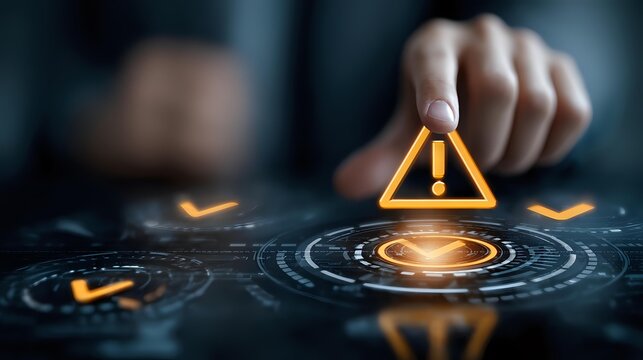 Male hand touching glowing yellow warning triangle icon on digital interface, concept of risk management and cybersecurity alert system.