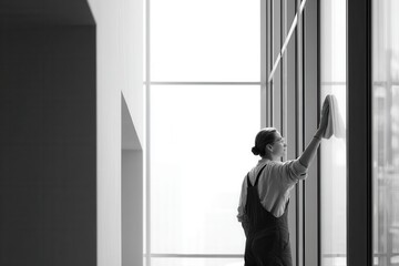 A cleaner in overalls and gloves is captured in profile as they wipe a tall glass window in a spacious, brightly lit high-rise building interior