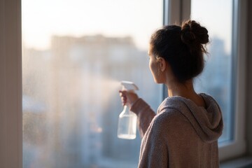 A woman in a soft sweater sprays cleaning solution onto a window as warm morning sunlight filters through the glass in a high-rise home setting