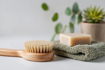 A wooden bristle brush, natural soap bar, and folded cloth are arranged neatly on a white surface with blurred green plant in the background