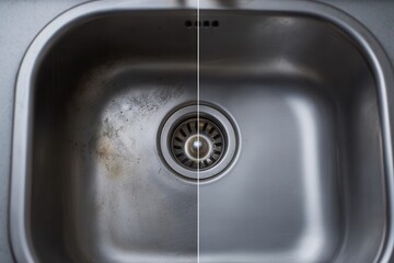 A kitchen sink shown split vertically with one side covered in grime and the other side clean and shiny, emphasizing the contrast in cleanliness