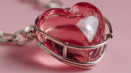 Heart trapped in a shiny cage rests on a soft pink backdrop