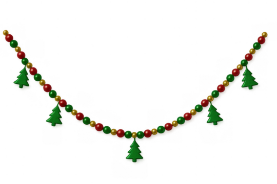 Decorative christmas garland featuring red, green, gold beads and a string of evergreen tree ornaments