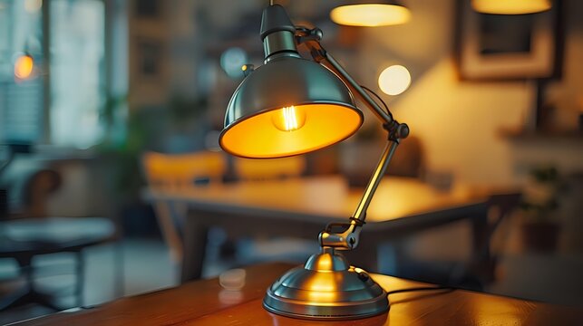 Vintage style desk lamp with warm glowing light on wooden table in cozy home office interior. Adjustable metal reading lamp creates atmospheric evening ambiance. - Powered by Adobe
