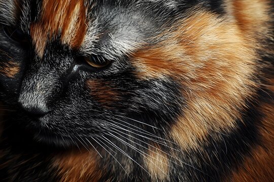 Close up macro portrait of tortoiseshell cat face showing detailed fur texture in black, orange and grey colors with long whiskers and partial eye view.