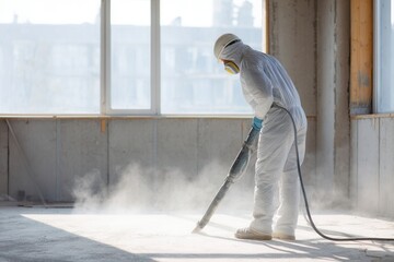 A worker in full protective hazmat clothing and respirator vacuums dust from a concrete floor in a bright building under construction