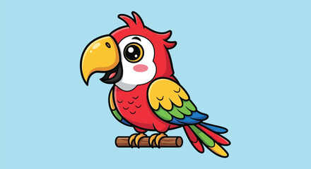 Obraz premium A cute and colorful cartoon parrot with red, yellow, and green feathers is perched on a small wooden branch against a light blue background.