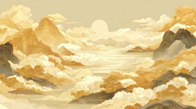 Golden mountain landscape, cloudscape, serene vista