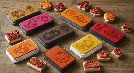 Colorful Assortment of Craft Stamps and Ink Pads on Wooden Surface.