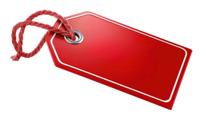 Realistic red discount label on white background