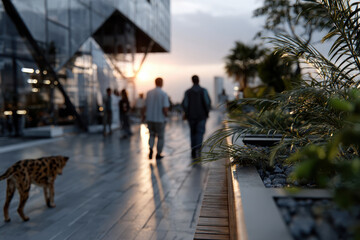 Silhouetted figures wander by modern architectural wonders at dusk, where the interplay of light and shadow creates a captivating urban atmosphere filled with mystery.
