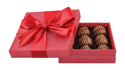 Gift box slowly opening to reveal delicious chocolates, isolated on white background