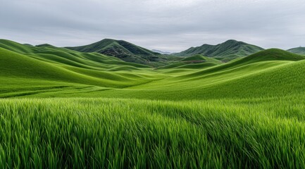 Obraz premium Rolling green hills under a cloudy sky. Lush, vibrant landscape