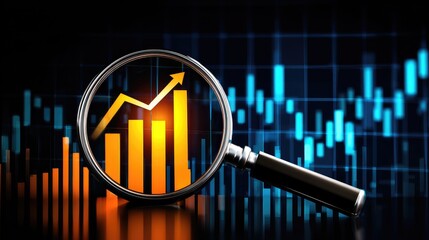Stock market analysis with magnifying glasses on candleholder chart in financial environment close-up viewpoint for insightful trends