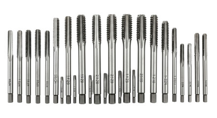 Assortment of Metal Thread Taps with Sizes Labeled Isolated on White Background isolated on a transparent background
