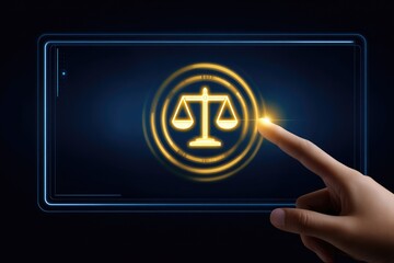 Digital justice delivery hand touching scales of justice on a smartphone screen virtual law environment futuristic perspective legal technology concept