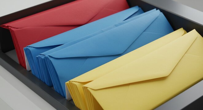 Colorful Envelopes Neatly Arranged in a Tray.