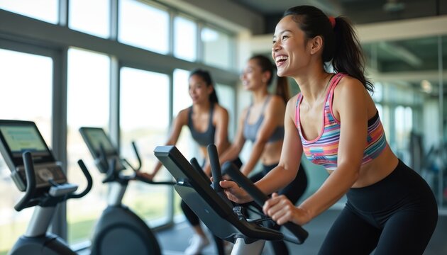 Young Asian women exercise on stationary bikes in bright modern gym. Friends workout together for fitness, health, cardio training. Smile, enjoy spinning class, improving body strength, wellness. - Powered by Adobe