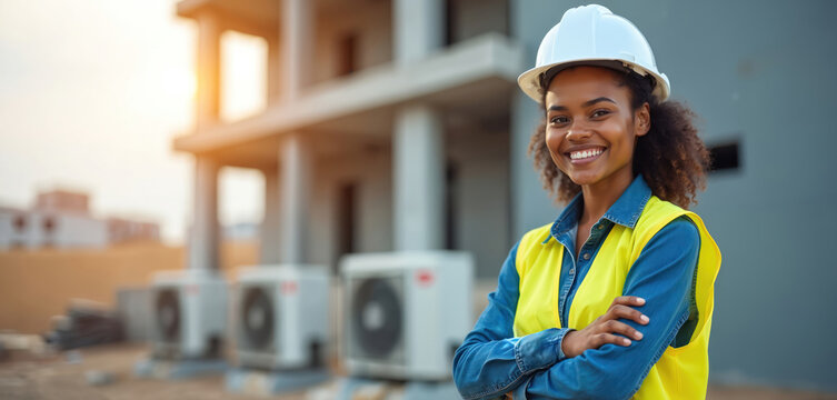 Smiling african woman construction worker wears hard hat and safety vest. She stands with arms crossed at outdoor building site with unfinished structure and AC units visible.