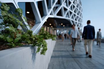 A bustling city walkway showcasing modern architectural design and greenery, highlighting the blend of nature and urban life as people enjoy the architectural beauty around them.