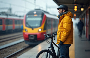 Man with bicycle stands on train station platform. Wears warm yellow jacket, helmet. Modern red, yellow train arrives on tracks. Shows eco friendly city commute, public transport journey, sustainable